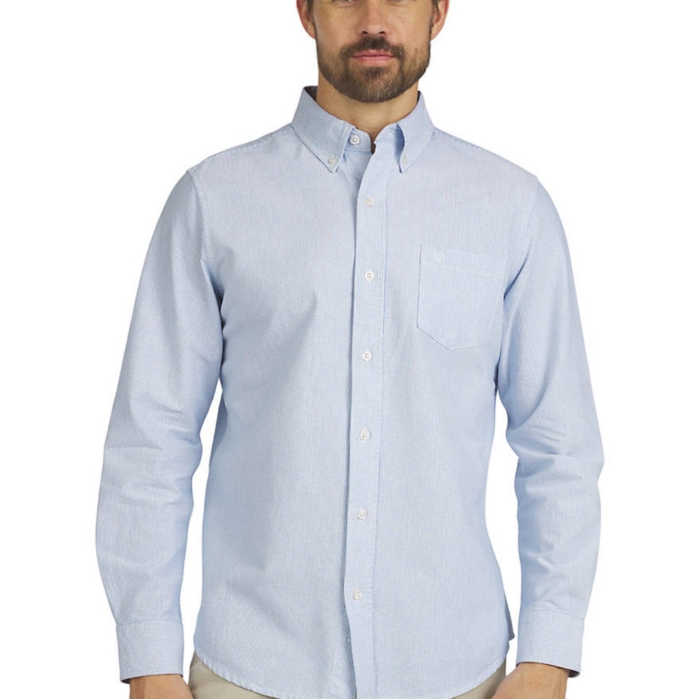 Chaps Men's Stretch Oxford Classic Blue and White Striped Shirt - Picture 2 of 8